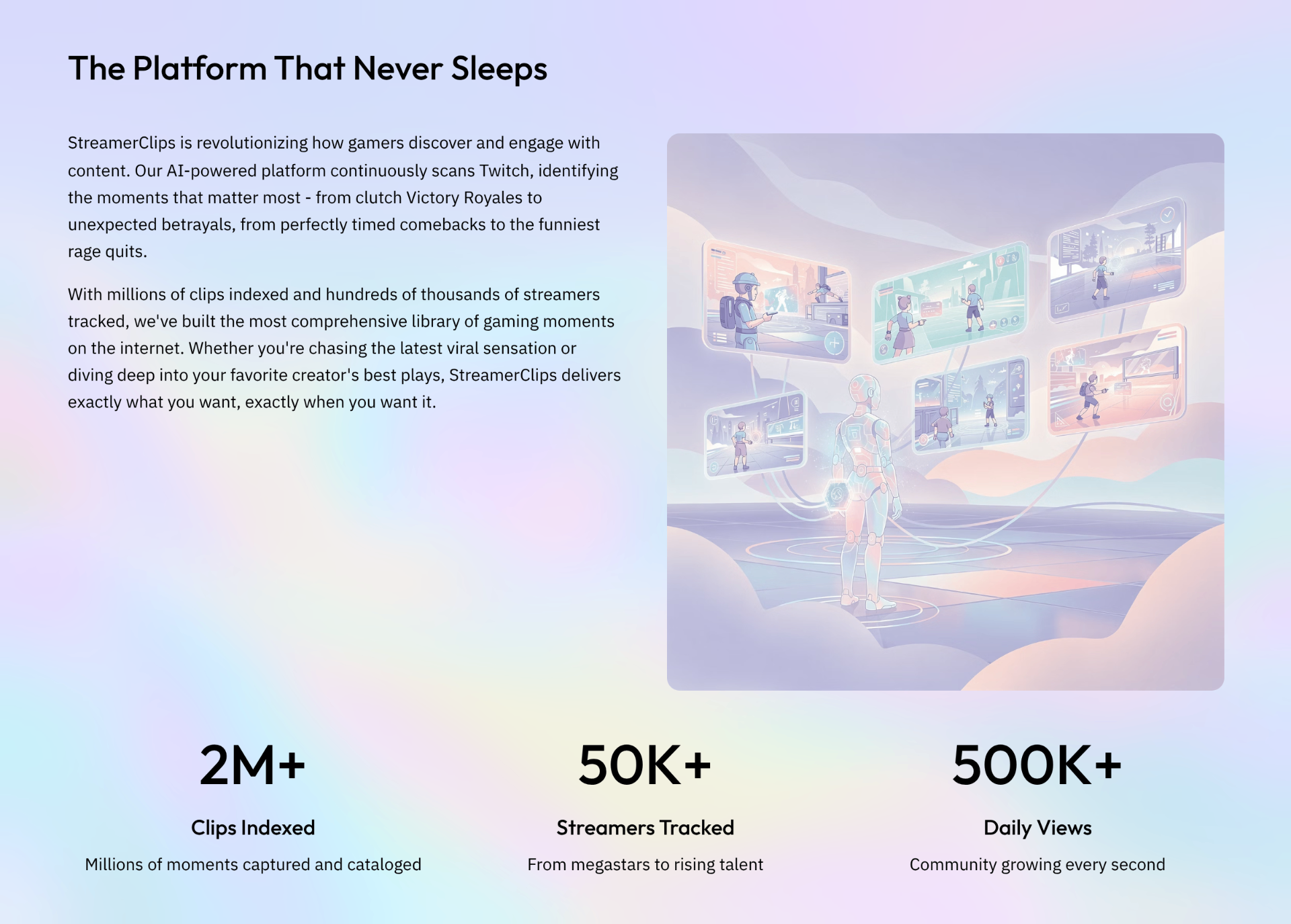 Platform illustration showing gamers and streaming interface